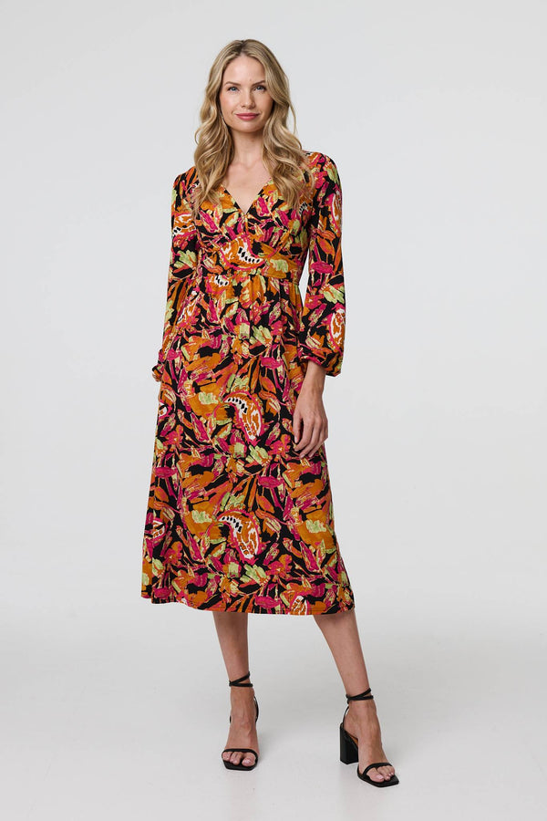 Orange | Tropical Floral Print Long Sleeve Midi Dress