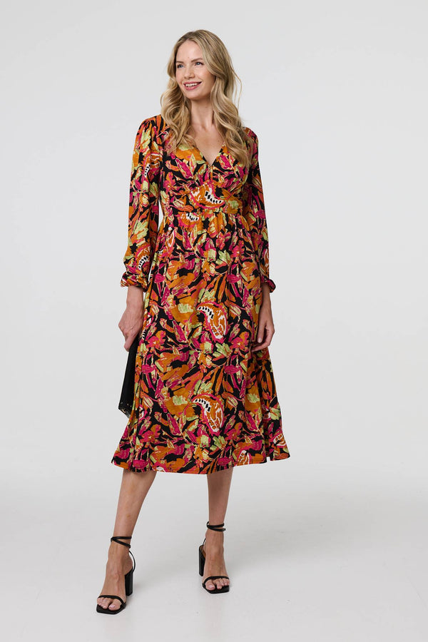 Orange | Tropical Floral Print Long Sleeve Midi Dress