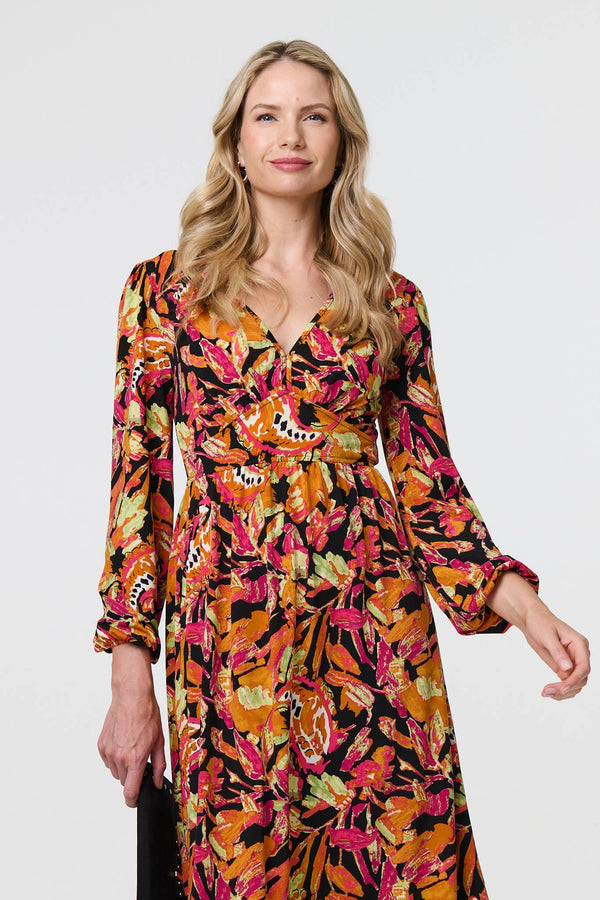Orange | Tropical Floral Print Long Sleeve Midi Dress