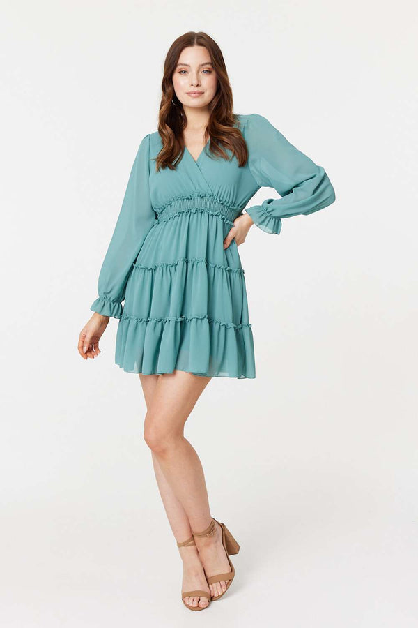 Green | Tiered Long Sleeve Mini Dress
