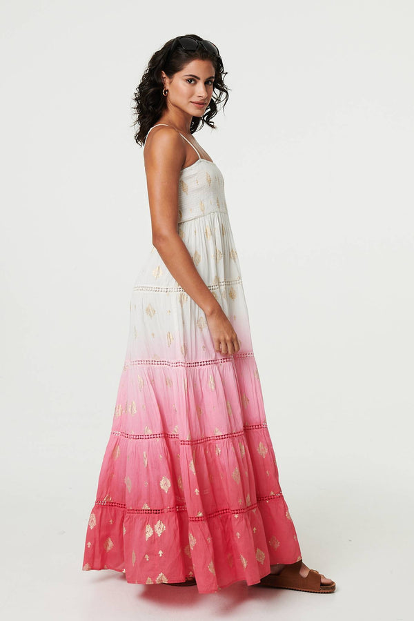 Pink | Ombre Print Tiered Sleeveless Maxi Dress