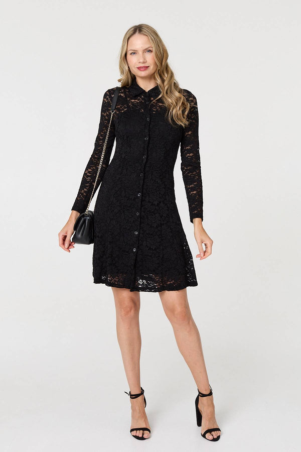 Black | Lace Layer Long Sleeve Mini Shirt Dress