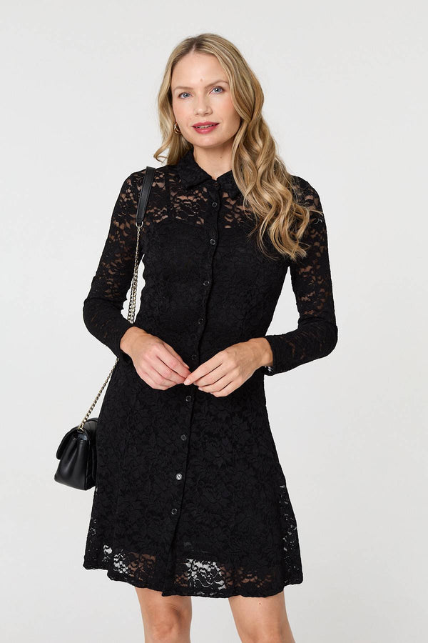 Black | Lace Layer Long Sleeve Mini Shirt Dress