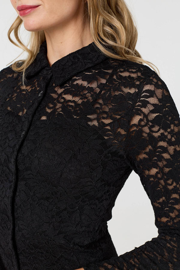 Black | Lace Layer Long Sleeve Mini Shirt Dress