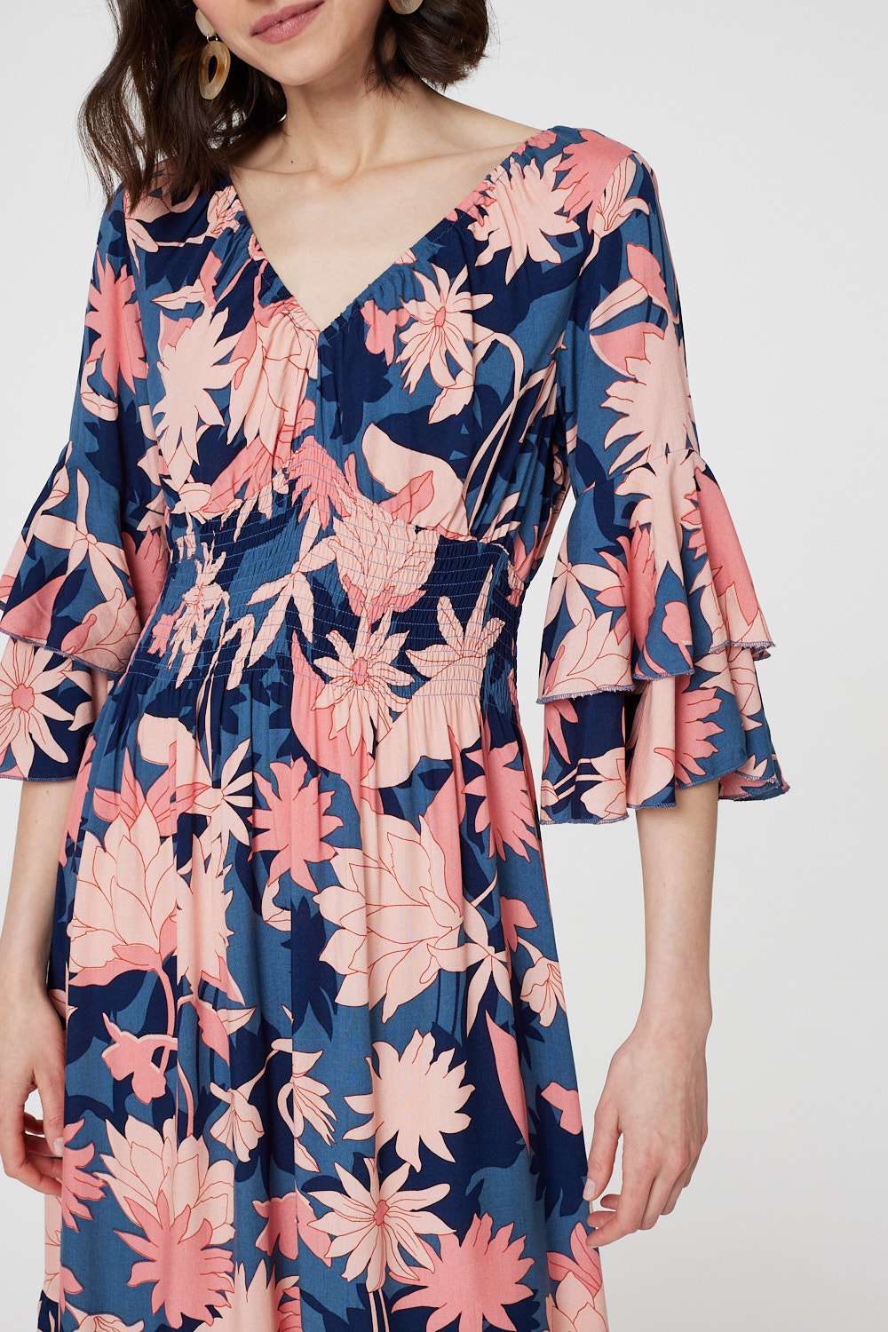 Navy | Floral 3/4 Sleeve Ruffled Midi Dress