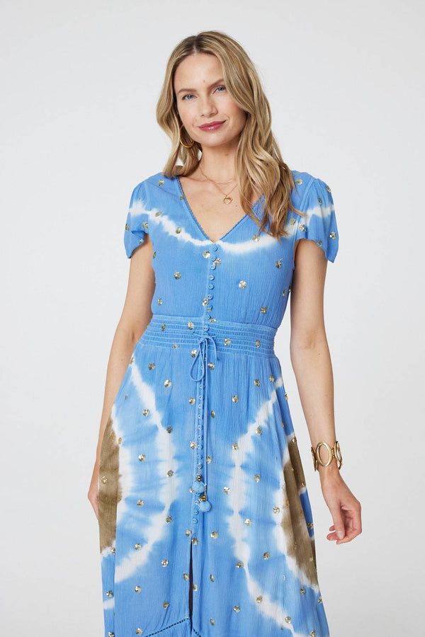 Blue | Tie Dye Print Shirred Tie Waist Midi Dress