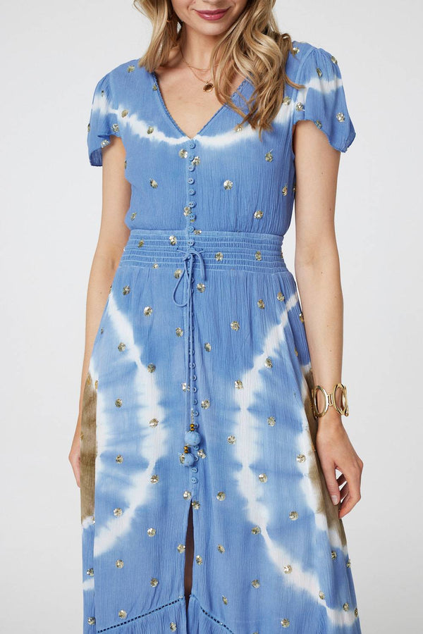 Blue | Tie Dye Print Shirred Tie Waist Midi Dress