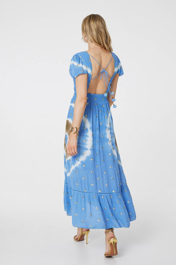 Blue | Tie Dye Print Shirred Tie Waist Midi Dress