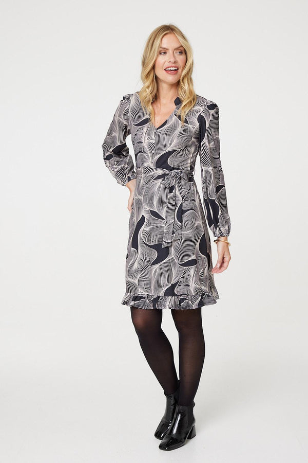 Beige | Abstract Ruffled Tie Waist Knee Length Dress