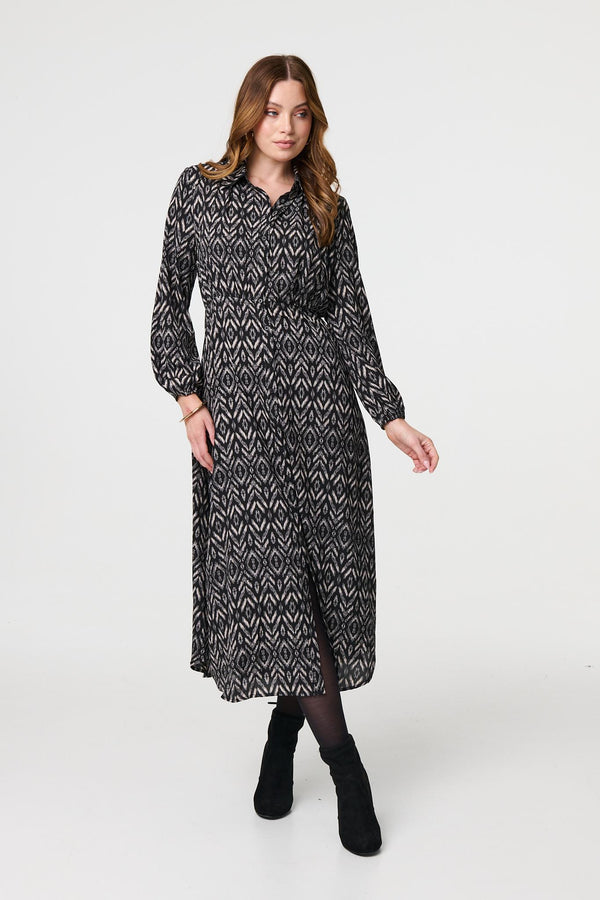 Black | Chevron Print Long Sleeve Midi Shirt Dress