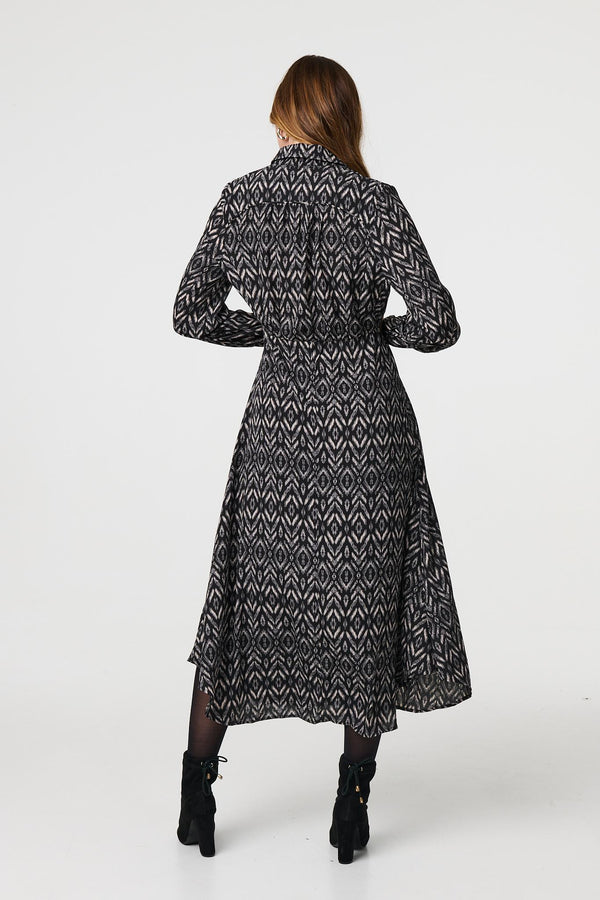 Black | Chevron Print Long Sleeve Midi Shirt Dress