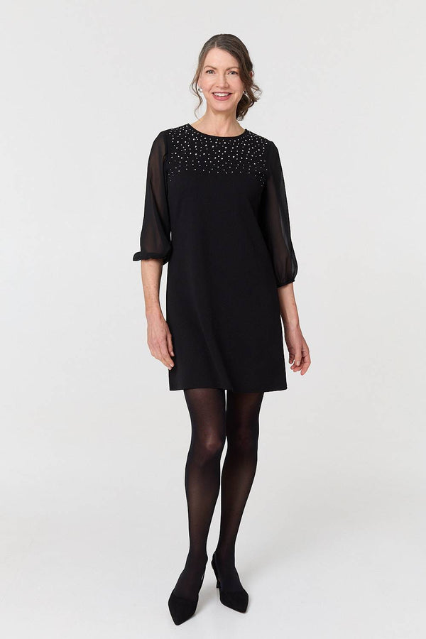Black | Sparkly Mesh Knit 3/4 Sleeve Short Dress