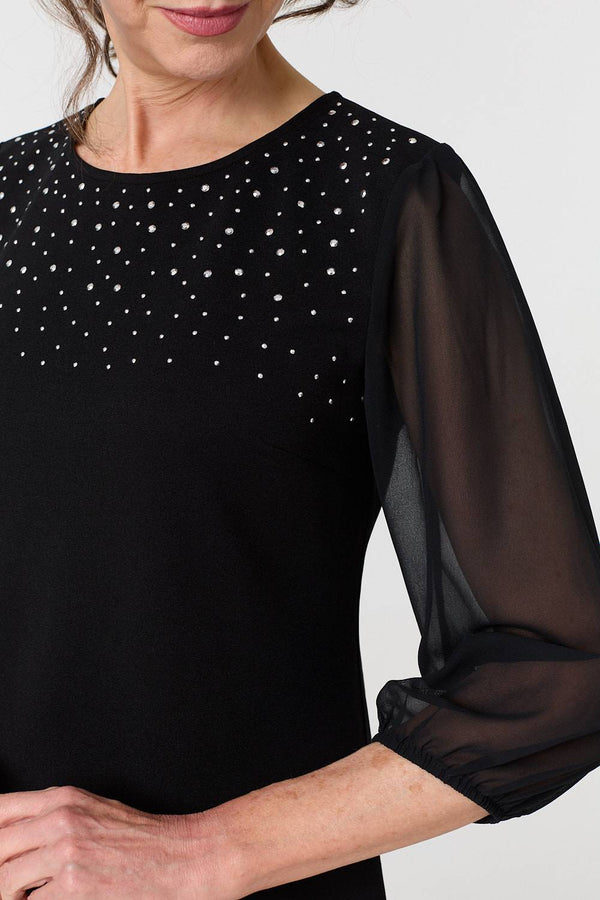 Black | Sparkly Mesh Knit 3/4 Sleeve Short Dress