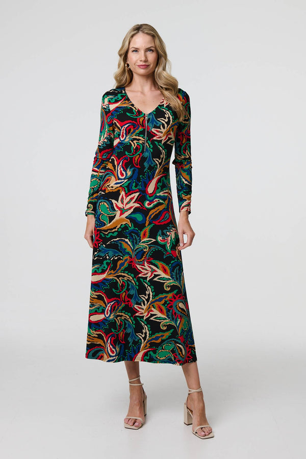 Black | Printed Zip Front Long Sleeve Maxi Dress