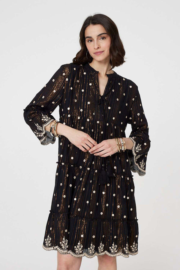 Black | Embroidered 3/4 Sleeve Knee Length Dress