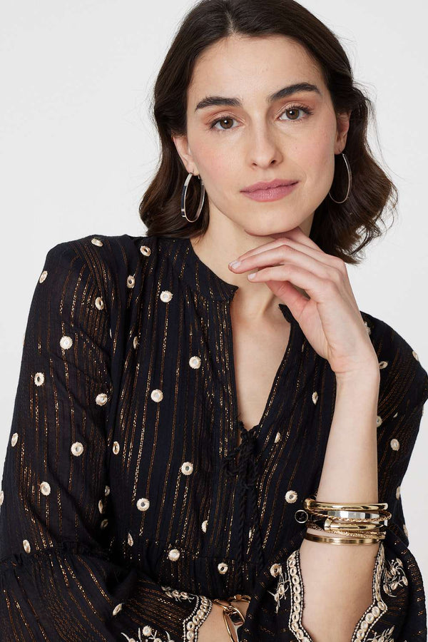 Black | Embroidered 3/4 Sleeve Knee Length Dress