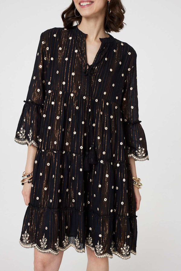 Black | Embroidered 3/4 Sleeve Knee Length Dress