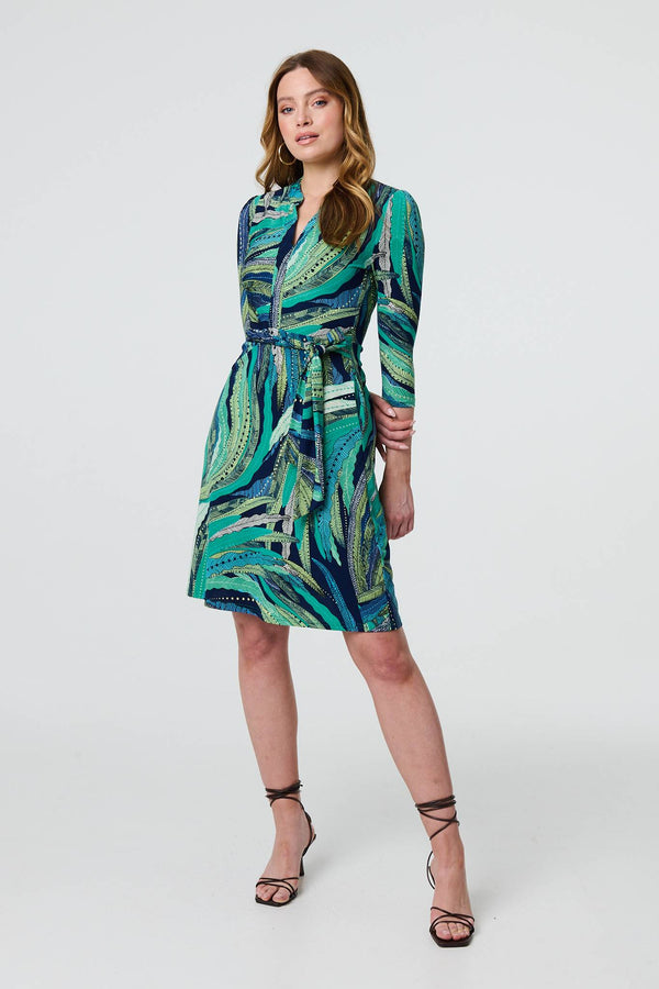 Green | Leaf Print 3/4 Sleeve Short Dress