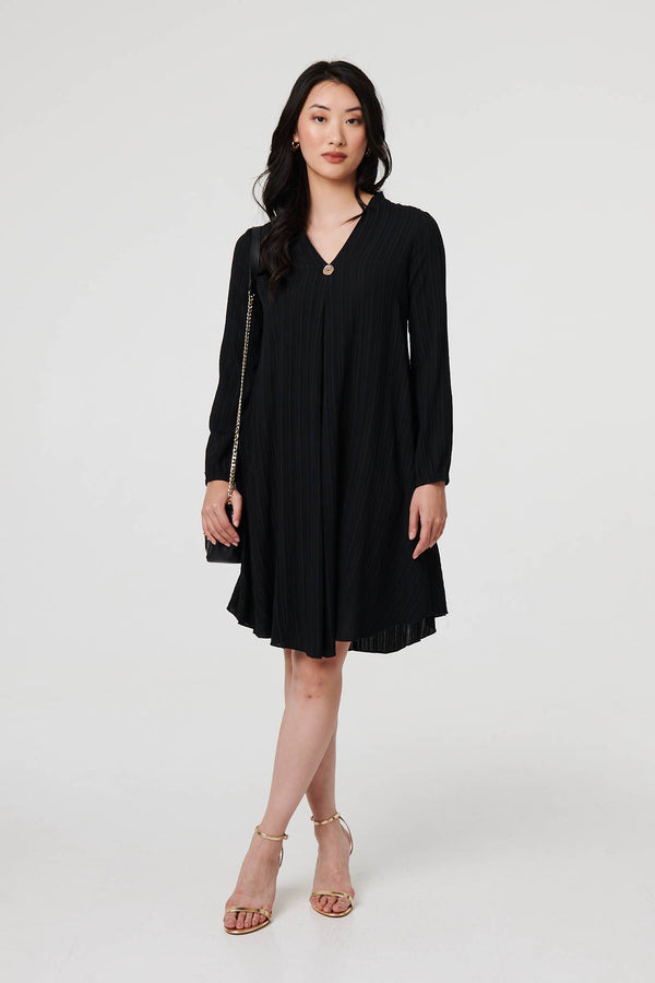 Black | Pleated V-Neck Long Sleeve Swing Dress