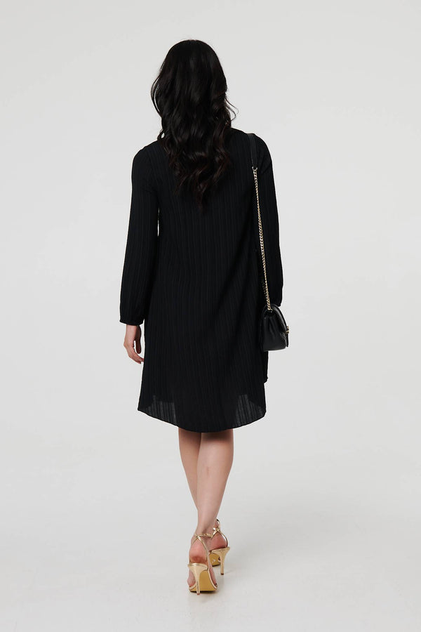 Black | Pleated V-Neck Long Sleeve Swing Dress