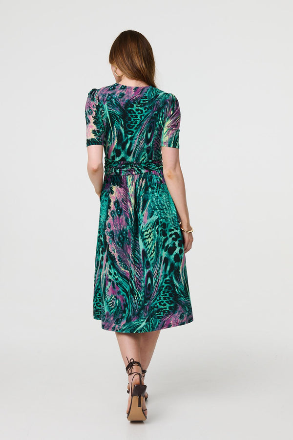 Green | Feather Print 1/2 Sleeve Wrap Midi Dress