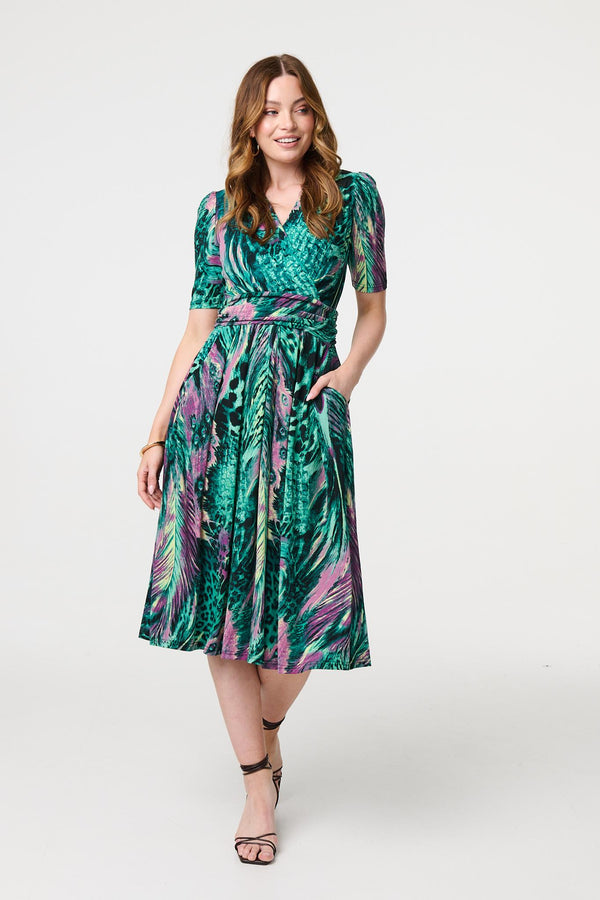 Green | Feather Print 1/2 Sleeve Wrap Midi Dress