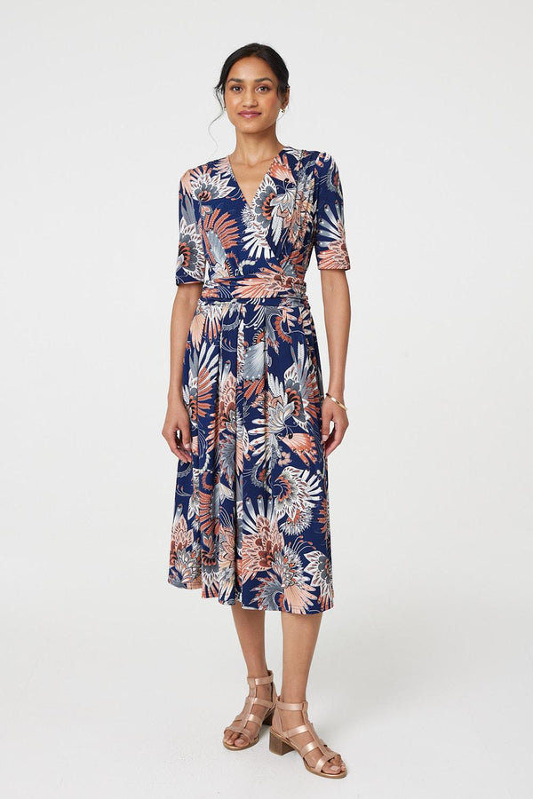 Navy | Tropical Print 1/2 Sleeve Midi Wrap Dress