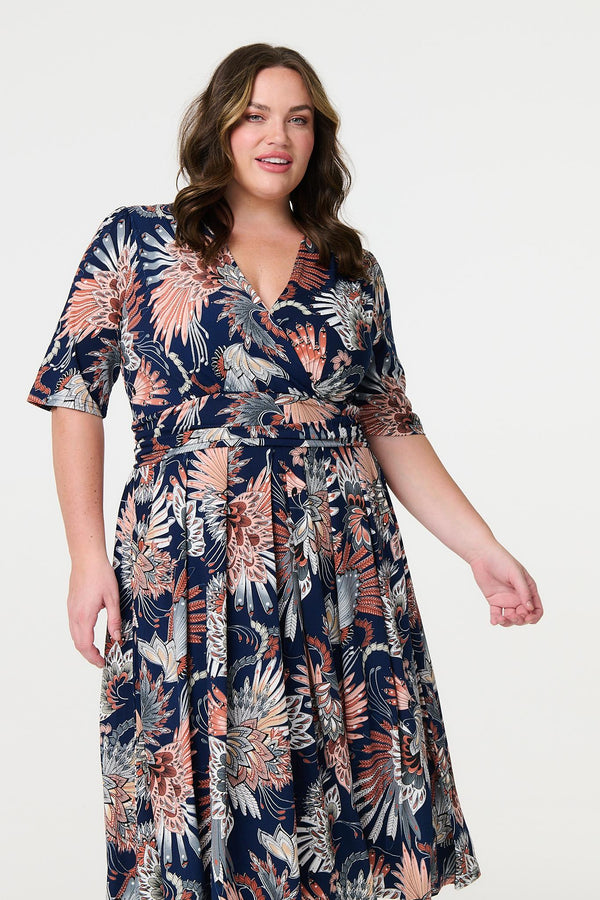 Navy | Tropical Print 1/2 Sleeve Midi Wrap Dress