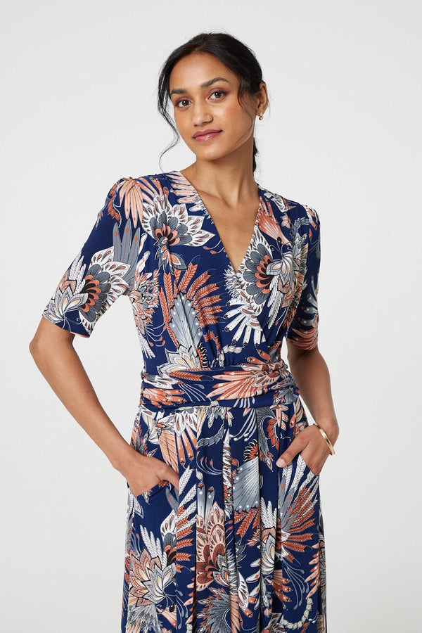 Navy | Tropical Print 1/2 Sleeve Midi Wrap Dress