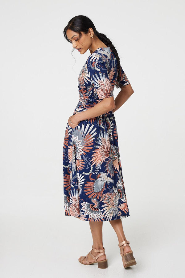 Navy | Tropical Print 1/2 Sleeve Midi Wrap Dress