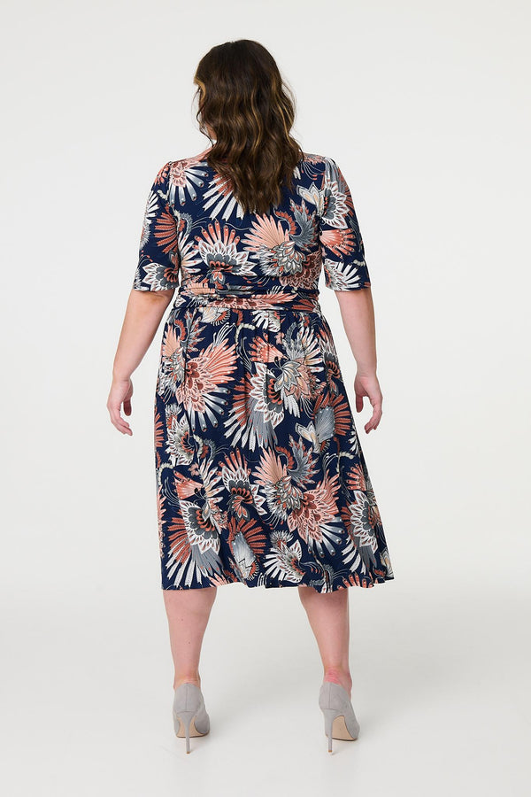 Navy | Tropical Print 1/2 Sleeve Midi Wrap Dress