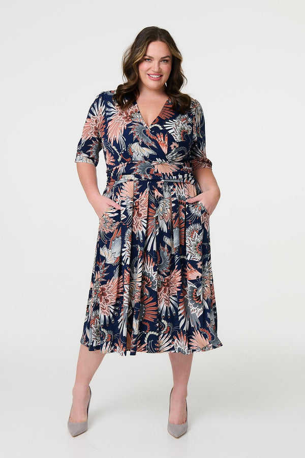 Navy | Tropical Print 1/2 Sleeve Midi Wrap Dress