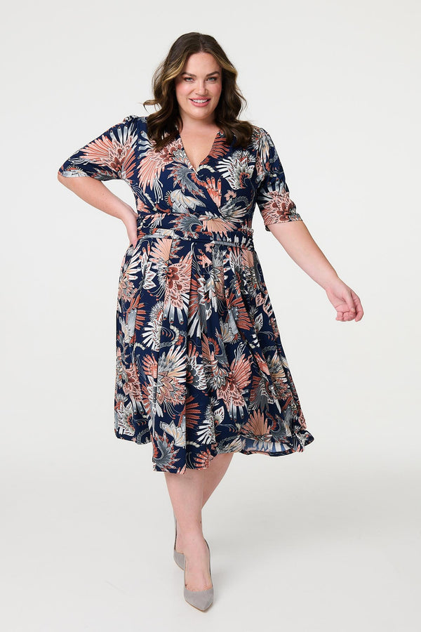 Navy | Tropical Print 1/2 Sleeve Midi Wrap Dress :  Model is 5'8"/172 cm and wears UK18/EU46/US14/AUS18
