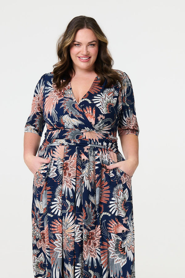 Navy | Tropical Print 1/2 Sleeve Midi Wrap Dress