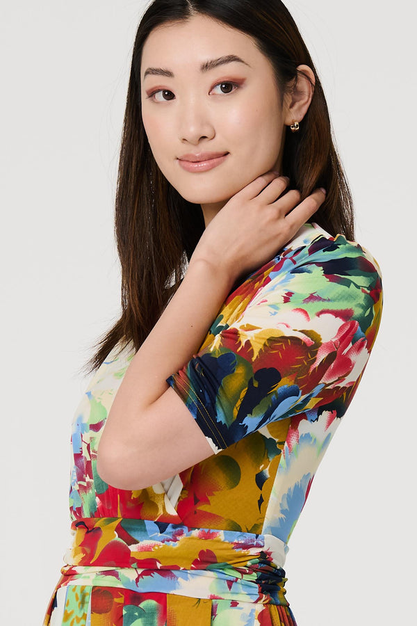 Orange | Floral 1/2 Sleeve Midi Faux Wrap Dress