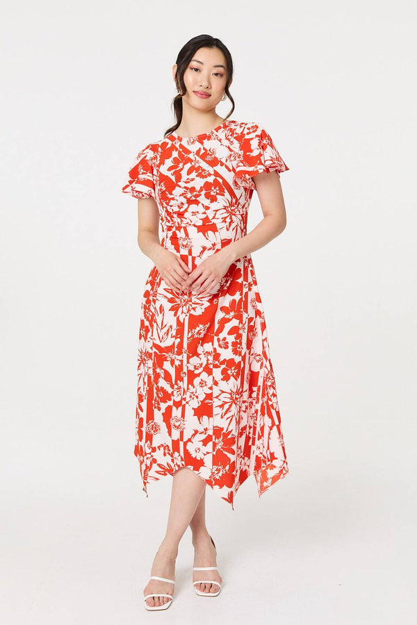 Orange | Floral Hanky Hem Short Sleeve Midi Dress