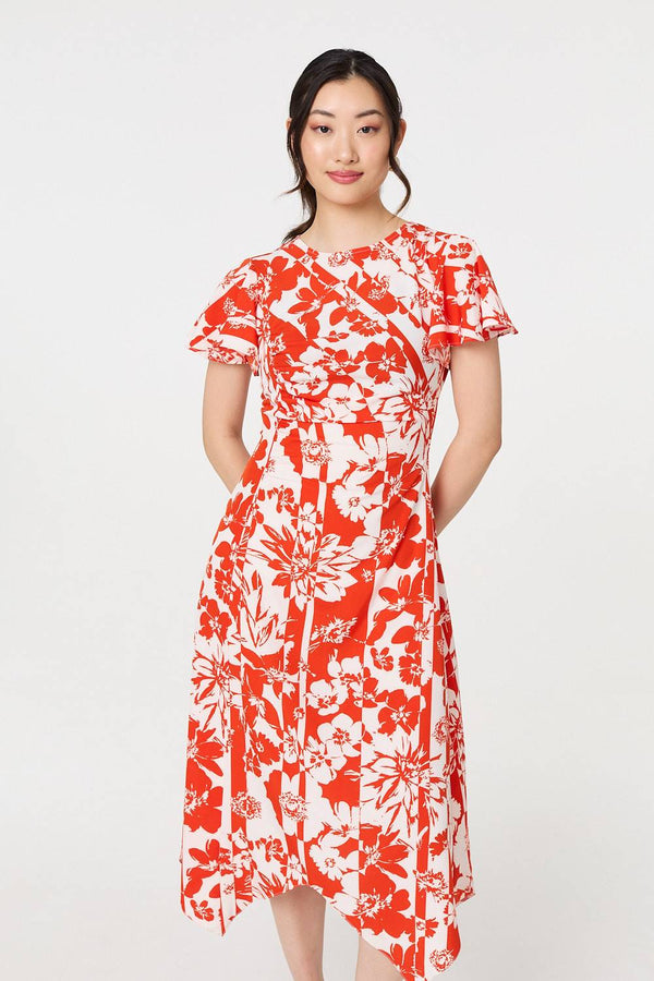 Orange | Floral Hanky Hem Short Sleeve Midi Dress