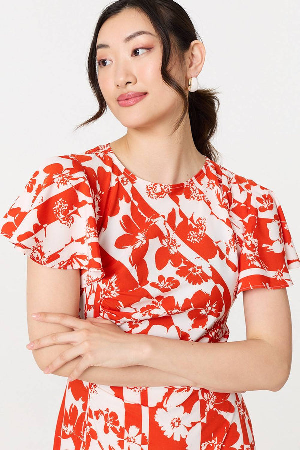 Orange | Floral Hanky Hem Short Sleeve Midi Dress