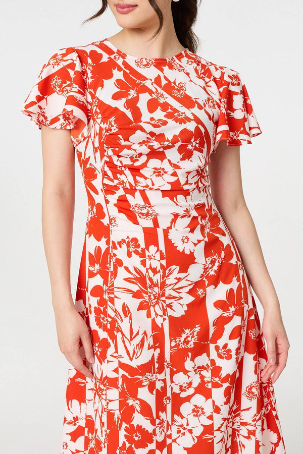 Orange | Floral Hanky Hem Short Sleeve Midi Dress