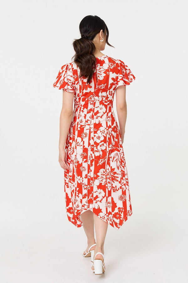 Orange | Floral Hanky Hem Short Sleeve Midi Dress