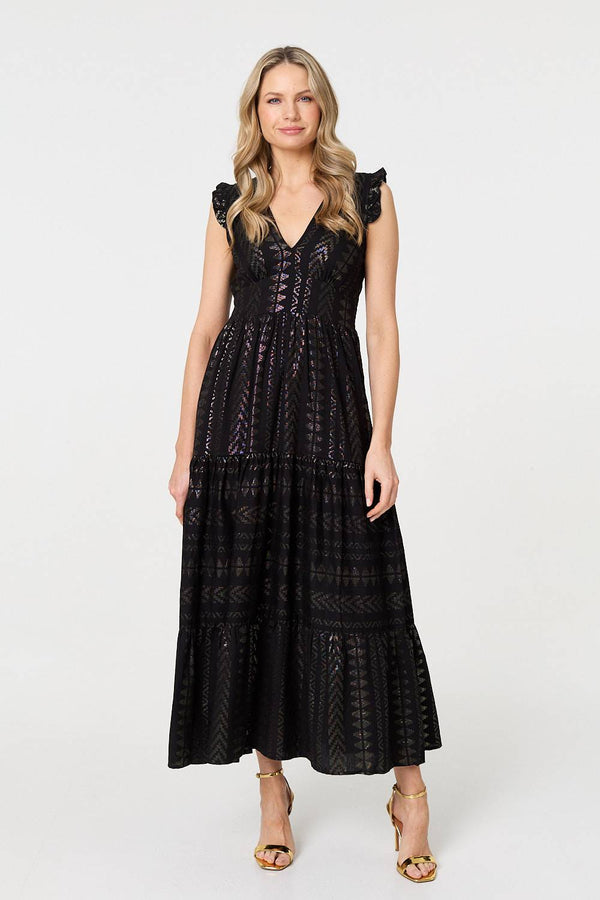 Black | Metallic Detail Frill Cap Sleeve Maxi Dress : Model is 5'10"/178 cm and wears UK10/EU38/US6/AUS10