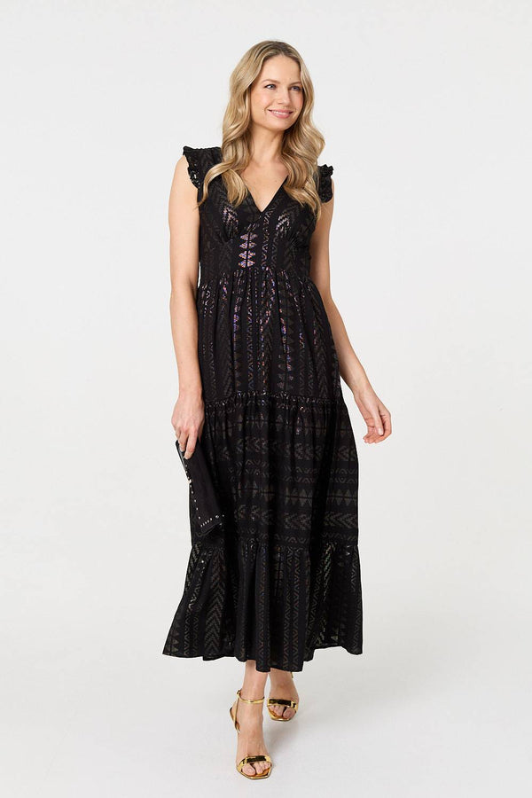 Black | Metallic Detail Frill Cap Sleeve Maxi Dress