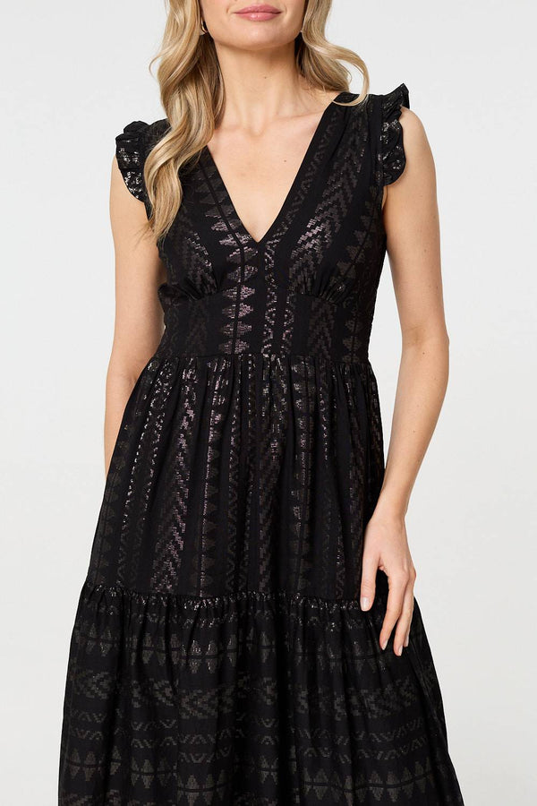 Black | Metallic Detail Frill Cap Sleeve Maxi Dress