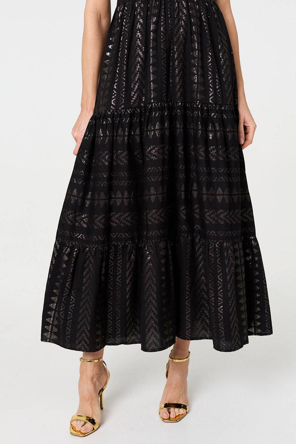 Black | Metallic Detail Frill Cap Sleeve Maxi Dress