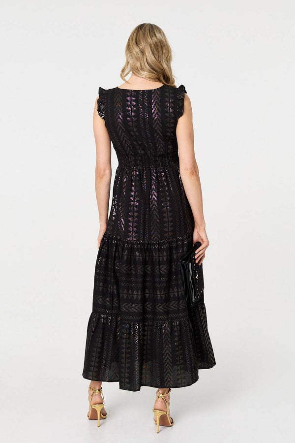 Black | Metallic Detail Frill Cap Sleeve Maxi Dress