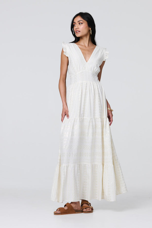 White | Metallic Detail Frill Cap Sleeve Maxi Dress : Model is 5'8"/172 cm and wears UK8/EU36/US4/AUS8