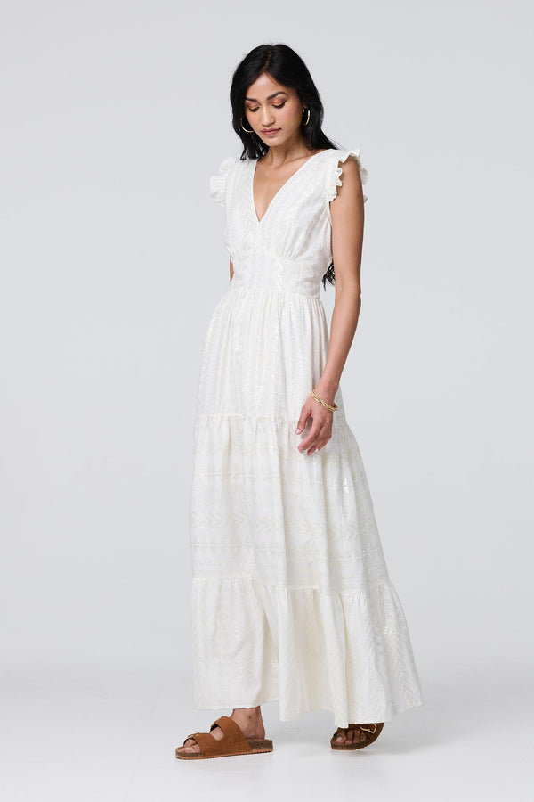 White | Metallic Detail Frill Cap Sleeve Maxi Dress