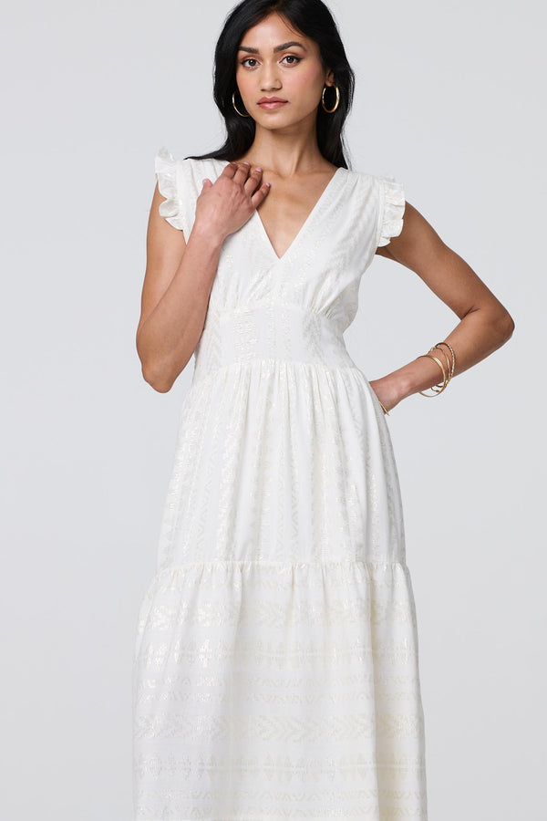 White | Metallic Detail Frill Cap Sleeve Maxi Dress : Model is 5'8"/172 cm and wears UK8/EU36/US4/AUS8