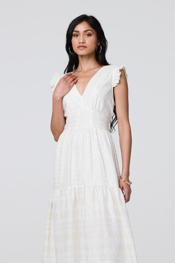 White | Metallic Detail Frill Cap Sleeve Maxi Dress