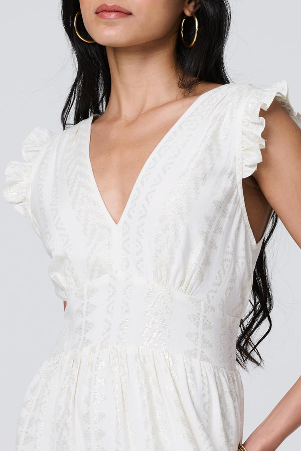 White | Metallic Detail Frill Cap Sleeve Maxi Dress